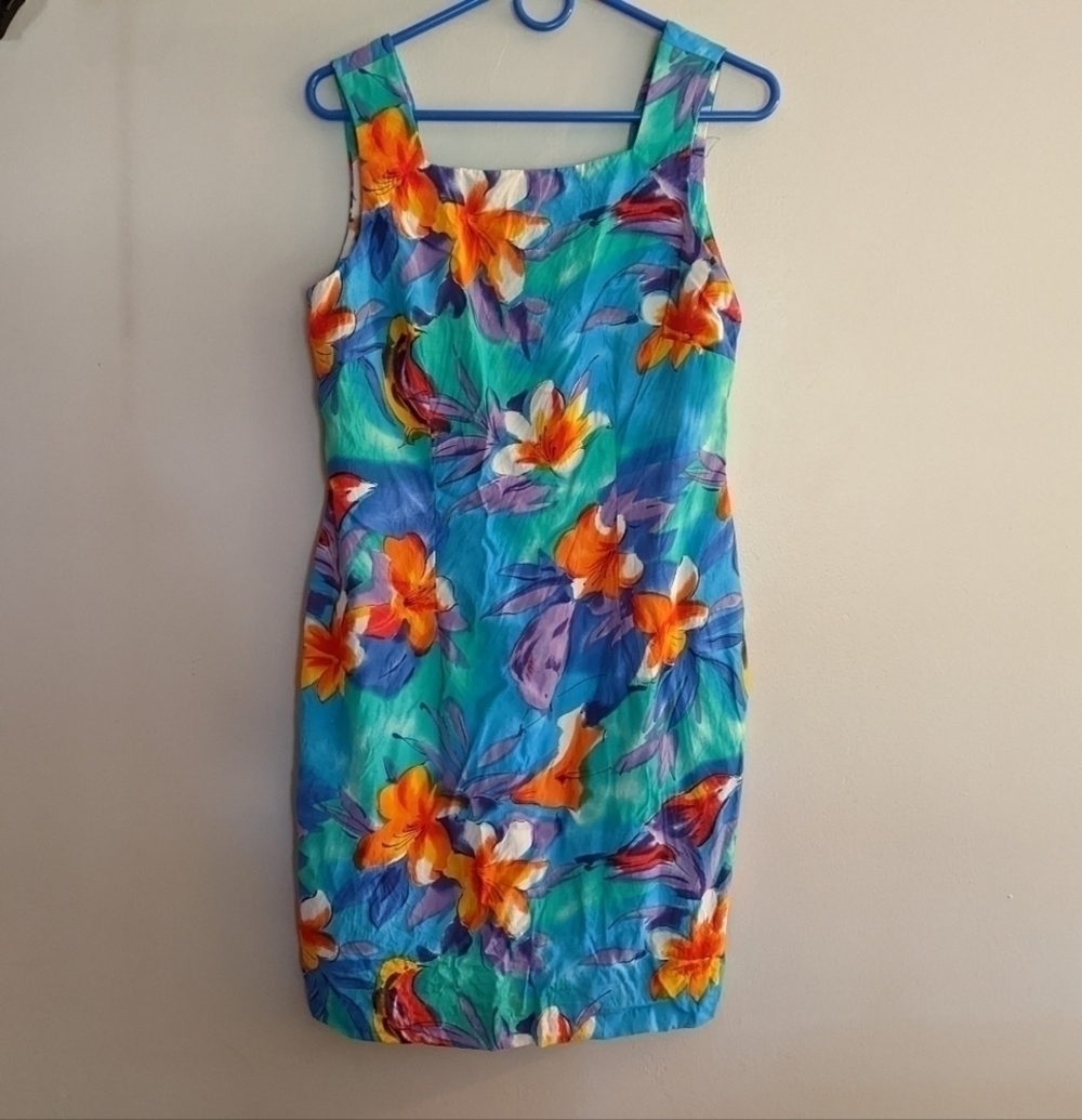 VINTAGE 90s K.C. Spencer 10 Petite Gorgeous Tropical Print Dress